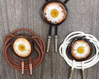 White Flower Wood Botanical Bolo Tie Necklace Spring  Wedding Gift Men Women Kids Customize Cord and tip Featured in Pioneer Woman Magazine