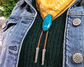 Turquoise with Rhinestone Edge Bolo Tie Necklace Men Women Western Gift Customize Tips Braided Cord Modern Cowboy Vintage Style Accessory