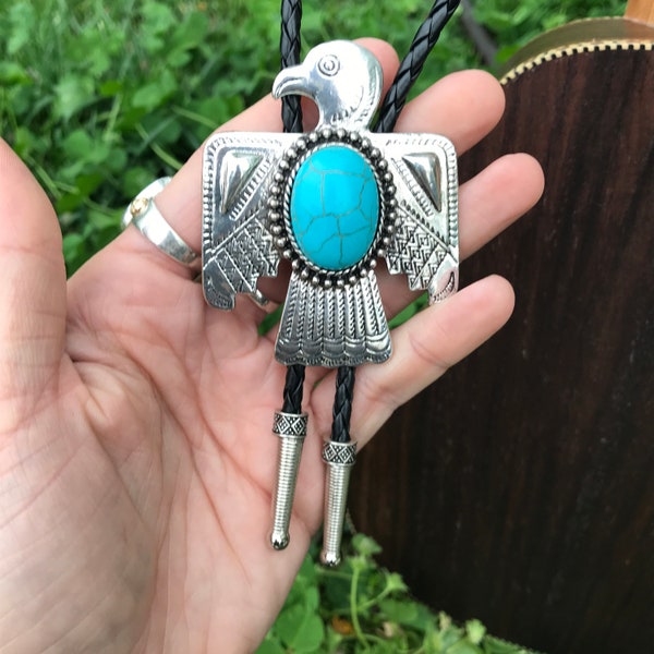 Silver Geometric Thunderbird  Eagle Turquoise Howlite southwest  Bolo Tie Necklace Wedding Gift Men Women Kids Customize  Western Cowboy