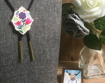 New! Spring Floral Bolo Tie with Gold Setting Necklace Handmade Wedding Gift Men Women Kids Customize Braided Cord Western Cowboy