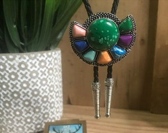 New! Multi Color Geo Stone Bolo Tie Necklace Handmade Wedding Gift Men Women Kids Customize Braided Cord Western Cowboy