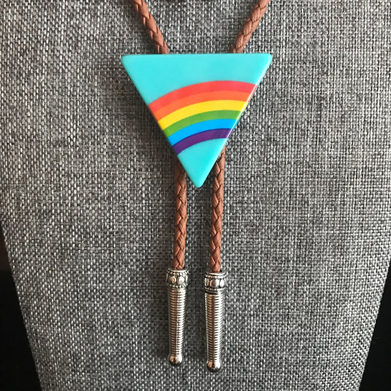 Triangle Rainbow Bolo Tie Necklace Men Women Western Gift Customize Tips & Braided Cord Modern Cowboy Bola Vintage Style Fashion Accessory image 4