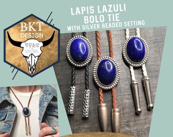 Silver Beaded Bezel Bolo Tie with a Lapis Lazuli  Gemstone | Royal Blue| BKT Design | Genuine or Vegan Leatherette | Build your own| Gift