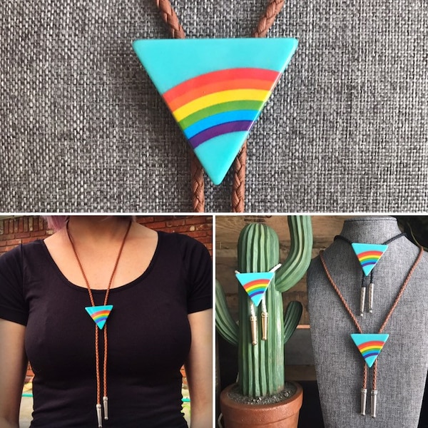 Triangle Rainbow Bolo Tie Necklace Men Women Western Gift Customize Tips & Braided Cord Modern Cowboy Bola Vintage Style Fashion Accessory