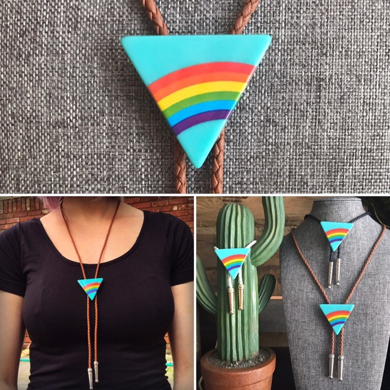 Triangle Rainbow Bolo Tie Necklace Men Women Western Gift Customize Tips & Braided Cord Modern Cowboy Bola Vintage Style Fashion Accessory image 1