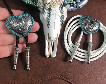 New! Silver & Turquoise Embossed Heart Bolo Tie Necklace Handmade Wedding Gift Men Women Kids Customize Braided Cord Western Cowboy