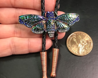 New Rainbow Iridescent Rhinestone Moth Bolo Tie Necklace Handmade Wedding Gift Men Women Kids Customize Braided Cord Western Cowboy