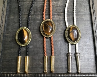 Tiger Eye Bronze Beaded Bezel Bolo Tie  Necklace Customize tip &  Cord options Men Women Kids Fashion Wedding Groom Cowboy tie