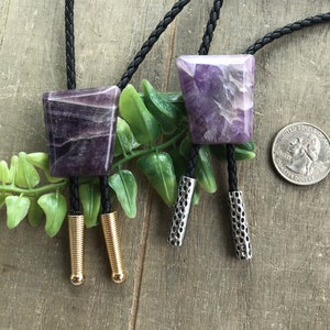 Purple Amethyst Gemstone Bolo Tie Necklace Southwest Wedding Gift Men Women Kids Customize Cord and Tips Natural