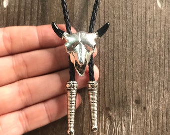 New! Silver Bull Skull With Black Horns Bolo Tie Necklace Handmade Wedding Gift Men Women Kids Customize Braided Cord Western Cowboy