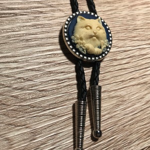 White Cat Cameo Bolo Tie Necklace Custom Tip & Cord Options Western Groom Wedding Mens Women Kids Gift Modern Cowboy Style Tie image 3