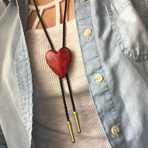 Red Heart Bolo Tie Necklace Custom Tip & Cord Options Western Groom Wedding Mens Women Kids Gift Modern Cowboy Style Tie