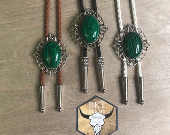 New! Green Malachite Gemstone Bolo Tie with silver bezel Necklace Handmade Wedding Gift Men Women Kids Customize Braided Cord Western Cowboy