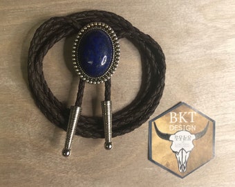 New! Lapis Lazuli Gemstone Bolo Tie with beaded bezel Necklace Handmade Wedding Gift Men Women Kids Customize Braided Cord Western Cowboy