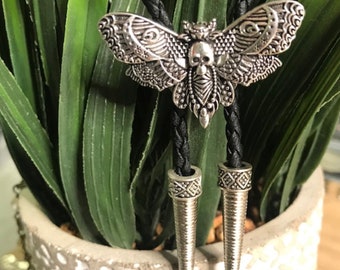 New! Silver Death's Head Hawk Moth Bolo Tie Necklace Handmade Wedding Gift Men Women Kids Customize Braided Cord Western Cowboy