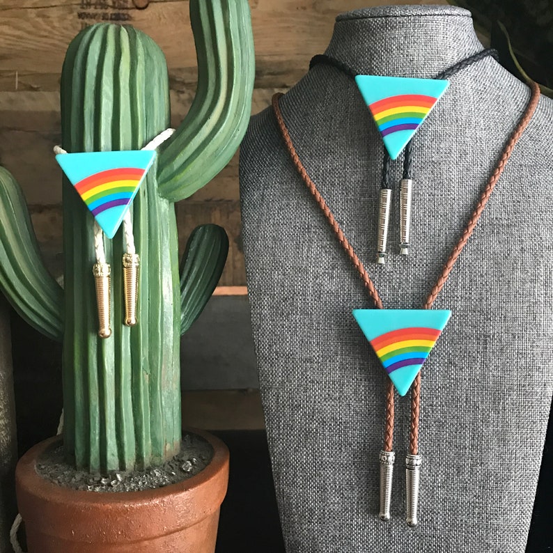 Triangle Rainbow Bolo Tie Necklace Men Women Western Gift Customize Tips & Braided Cord Modern Cowboy Bola Vintage Style Fashion Accessory image 6