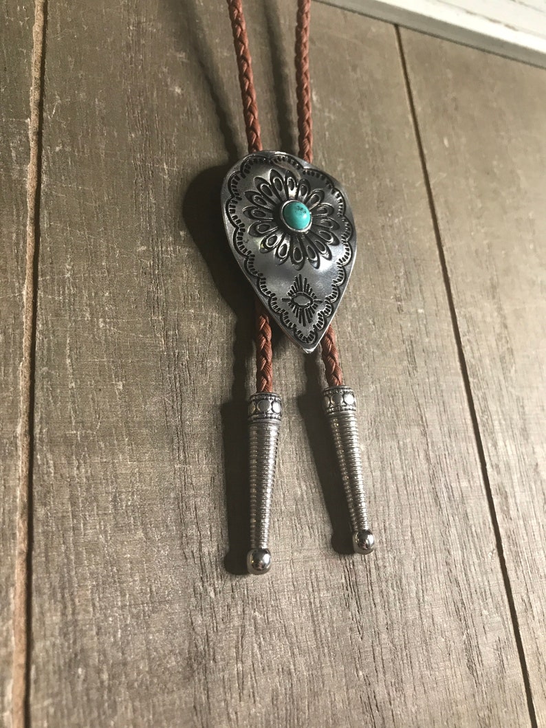 Silver Southwest Stamped Stone Bolo Tie Necklace Men Women Western Gift Customize Tips Braided Cord Modern Cowboy Vintage Style Fashion image 5