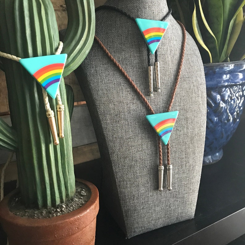 Triangle Rainbow Bolo Tie Necklace Men Women Western Gift Customize Tips & Braided Cord Modern Cowboy Bola Vintage Style Fashion Accessory image 5