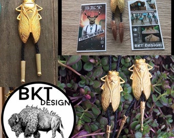 GOLDEN Cicada Bolo/ choose your cord/ unisex/ groomsmen/ bug Bolo/ BKT Design/ Locust Bolo/ customizable/ Bolo Tie/ Stamped metal/ insect /