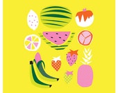 Retro Fruit Art Print. Digital illustration. 4 colours to choose from. Tropical.