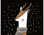 A Winters Night Deer Art Print. Painting of a deer on a winters night. Black Background.