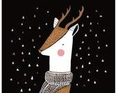 A Winters Night Deer Art Print. Painting of a deer on a winters night. Black Background.