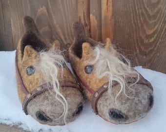 Felt slippers for men- yellowish horses-woolen slippers-warm slippers--horses slippers-woolen clogs -felt clogs-horses clogs-warm shoes-