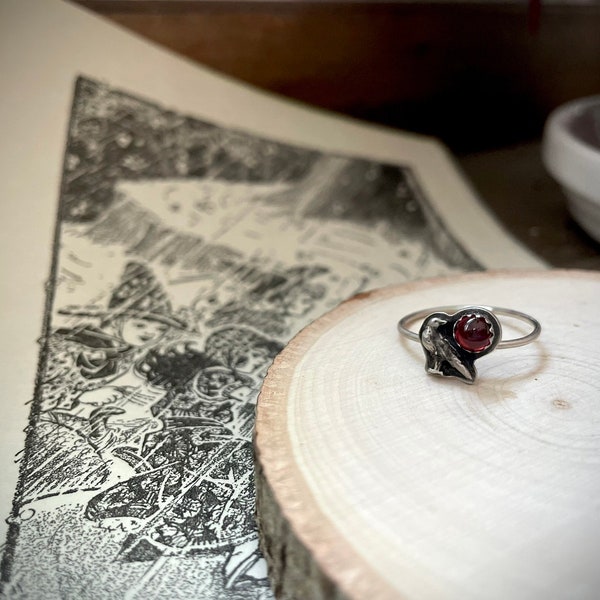 Raven and Garnet Sterling Silver Ring - Size 6