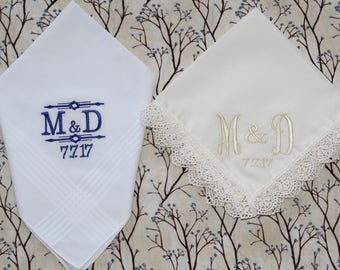 wedding personalized embroidered hanky for the bride and groom, his and hers wedding hankerchief with initials
