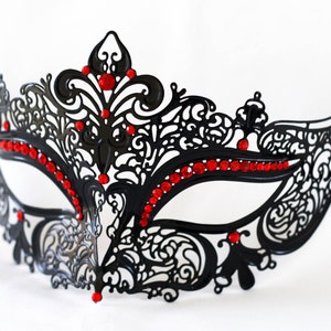Masquerade mask, laser cut metal black masquerade mask with red gems, prom masquerade mask