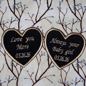 Wedding tie patch for father of the bride, father of the groom and groom iron on tie patch as wedding gift, set of two heart patches