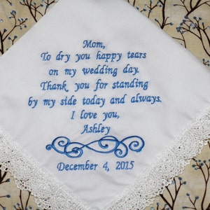mother of the groom embroidered wedding handkerchief, mother of the bride handkerchief and father of the bride
