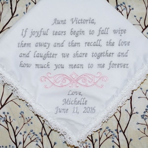 mother of the bride, mother of the groom wedding handkerchief, embroidered wedding hankerchief bridal gift, Aunt wedding embroidered hanky