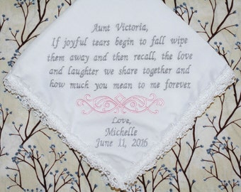 mother of the bride, mother of the groom wedding handkerchief, embroidered wedding hankerchief bridal gift, Aunt wedding embroidered hanky