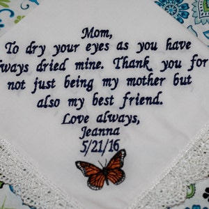 Personalized wedding embroidered handkerchief for mother of the bride, mother of the groom