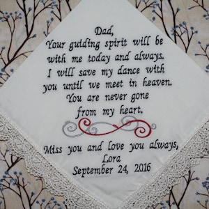 Father of the bride embroidered wedding handkerchief, bride memorial wedding handkerchief and mother of the bride wedding handkerchief