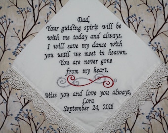 Father of the bride embroidered wedding handkerchief, bride memorial wedding handkerchief and mother of the bride wedding handkerchief