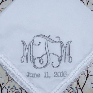 Wedding monogram initials embroidered handkerchief for mother of the bride and as bride monogram gift, wedding interclock handkerchief