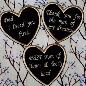 set of 3 wedding embroidered heart tie patch for father of the bride, best man wedding personalized gift, groom heart patch for ties