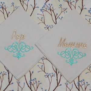 Set of two wedding embroidered handkerchiefs, Mom pocket hanky and Dad wedding pocket embroidered handkerchief