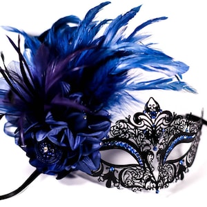 Masquerade mask, masquerade mask with a blue flower and blue feathers, laser cut metal mask black and blue crystals and blue feathers