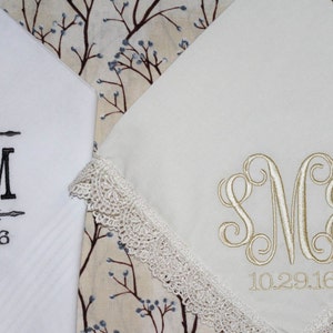 His and Hers Wedding monogram initials embroidered handkerchief for mother of the bride and as bride monogram gift image 1