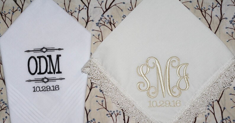 His and Hers Wedding monogram initials embroidered handkerchief for mother of the bride and as bride monogram gift image 1