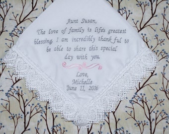 mother of the bride, mother of the groom wedding handkerchief, embroidered wedding hankerchief bridal gift, Aunt wedding embroidered hanky