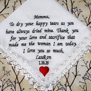 Mother of the bride wedding embroidered handkerchief and Mother of the groom wedding handkerchief also father of the bride hanky