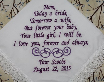 Mother of the bride wedding embroidered handkechief with a personalized wedding verse and embroidery, mother of the groom, stepmom gift