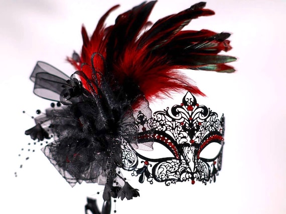 Masquerade Mask, Masquerade Mask With Stick and Feathers  display picture 3