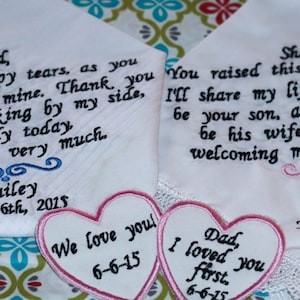 Mother of the bride wedding embroidered handkerchief and mother of the groom handkerchief and father of the bride tie patch,