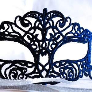 Navy blue lace masquerade mask, masquerade ball lace mask with silver ribbon