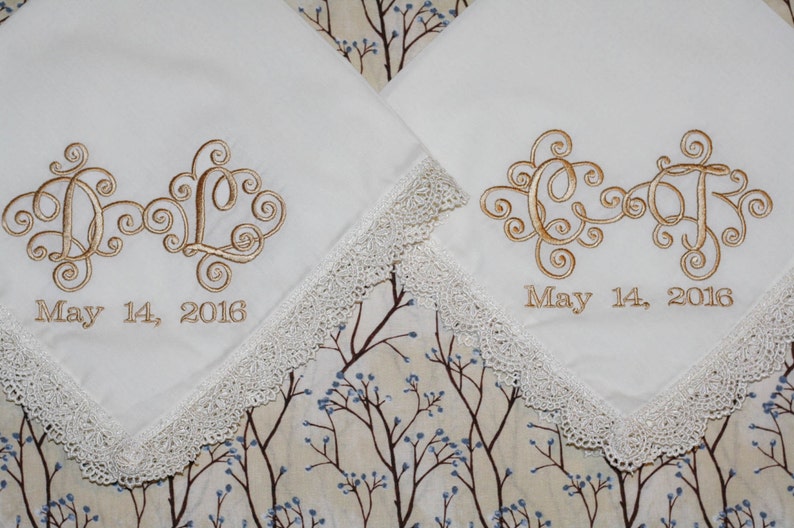 bride embroidered wedding handkerchief Set of 2 Interlock font bride wedding gift and momento bride and groom wedding initials